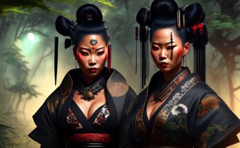 portrait of two female black cyberpunk geisha samurai on safari showing cleavage in a jungle