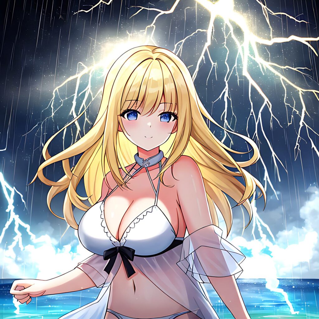 a blonde anime girl in a white bikini standing in front of a tropical storm with lightning in the background