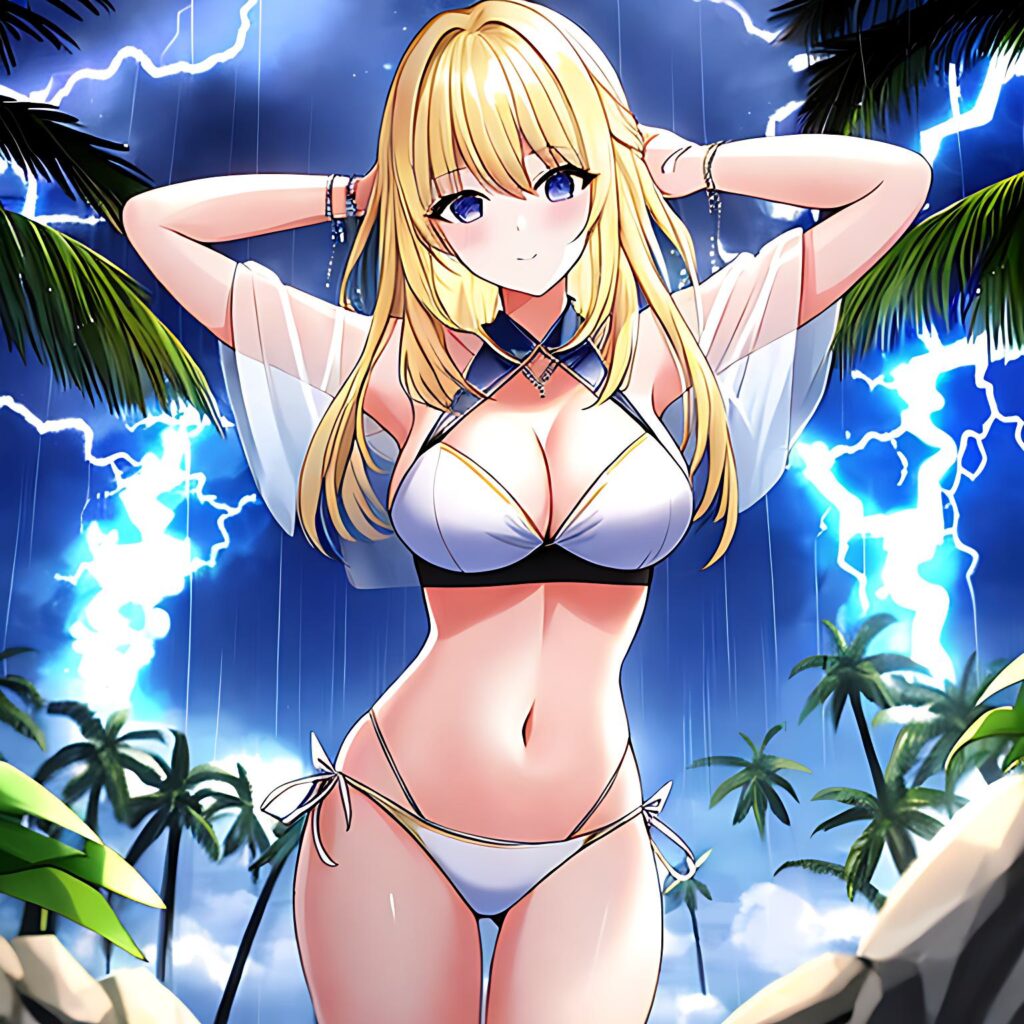 a blonde anime girl in a white bikini standing in front of a tropical storm with lightning in the background