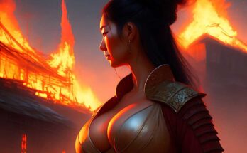 In the style of frank frazetta, a woman samurai with deep cleavage looking at a skull with a burning town in the background.