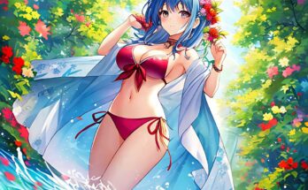 A sexy anime style woman in a bikini holding flowers
