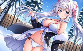 A anime style woman in a white bikini in the snow